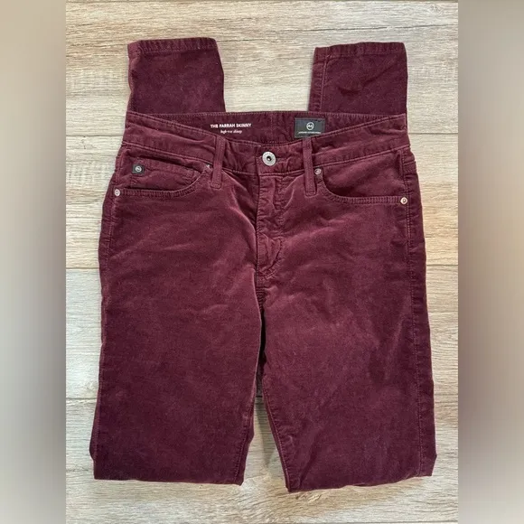 AG~ Women’s The Farrah Skinny High Waist Velvet Jeans Size 26R, Wine‎ Bloom