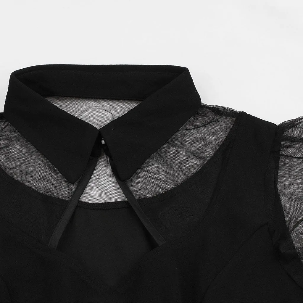 Black Tailored Collar Semi-sheer Short Sleeve Dress