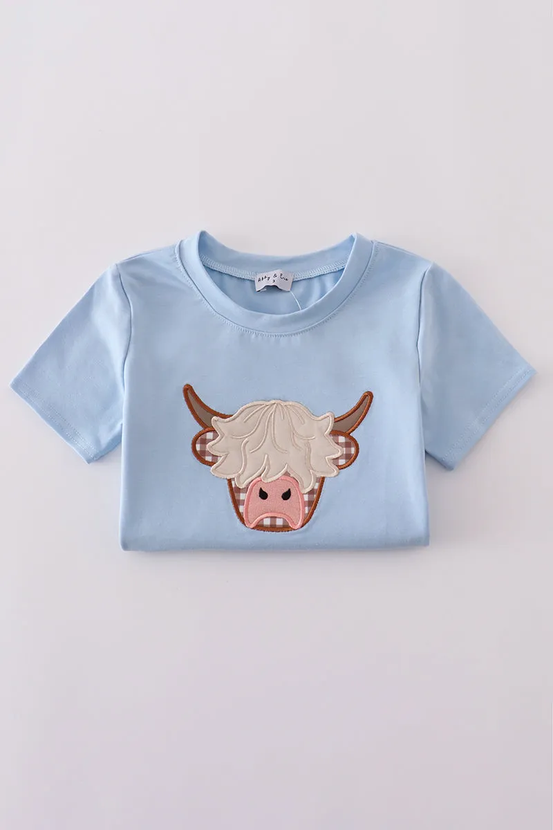 Blue highland cow applique shorts set