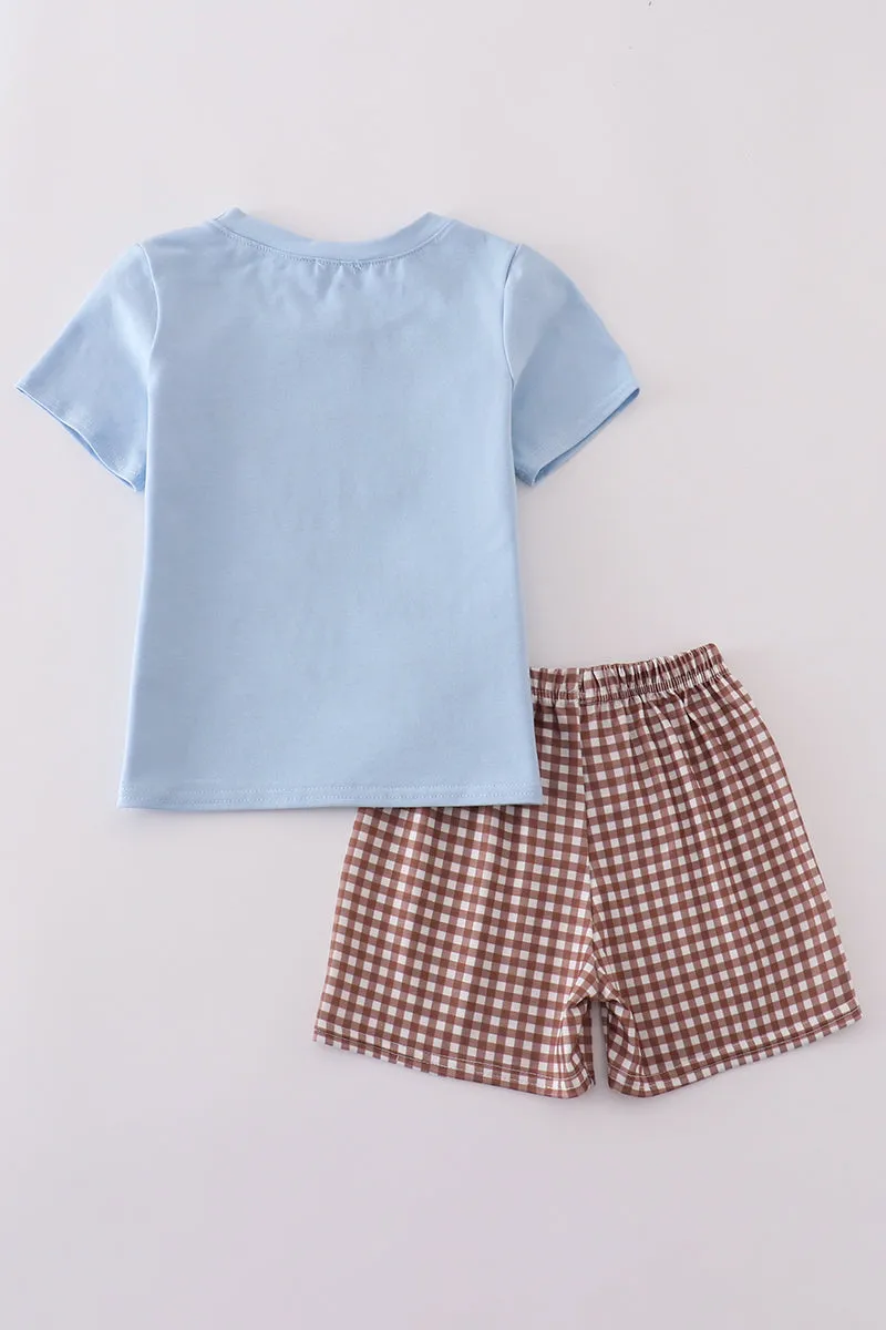 Blue highland cow applique shorts set
