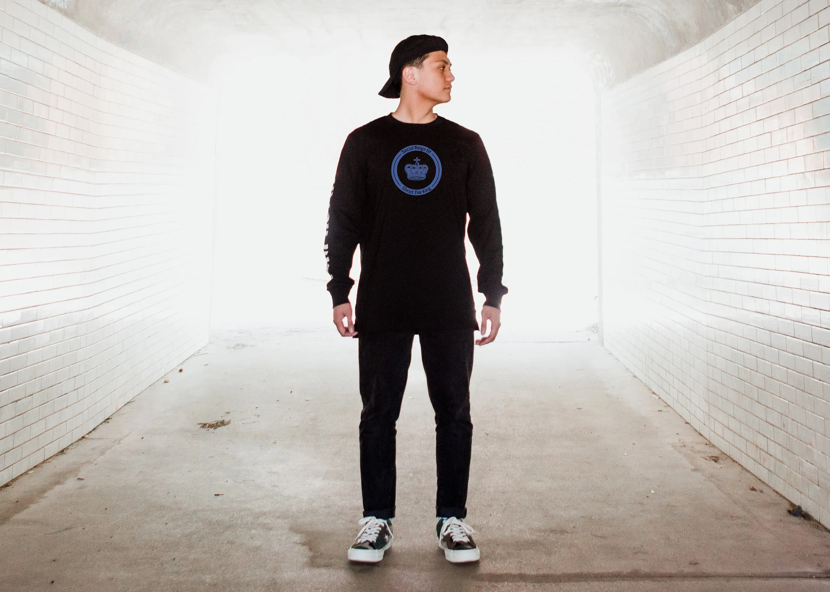 Blue Sacred Crown Religious Christian Catholic Long Sleeve Tee