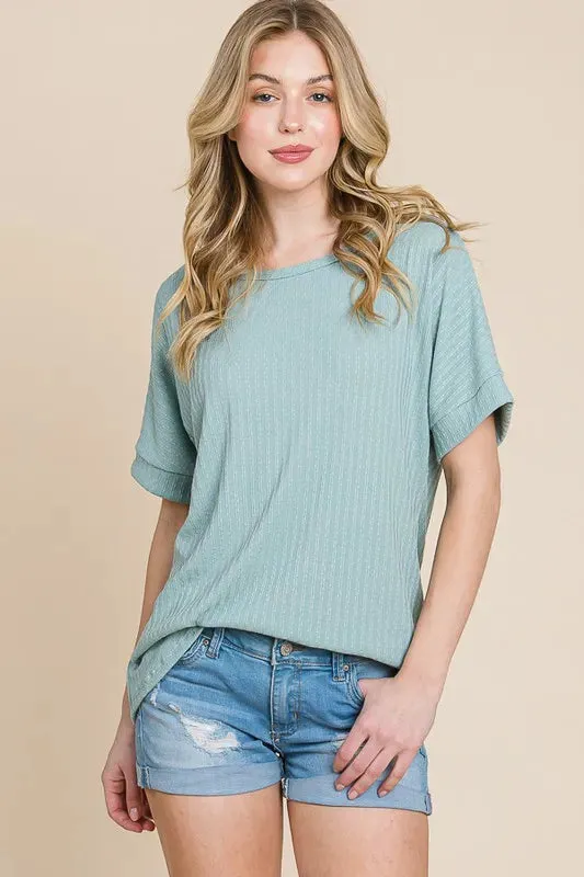 BOMBOM Rib Knit Short Sleeve T-Shirt