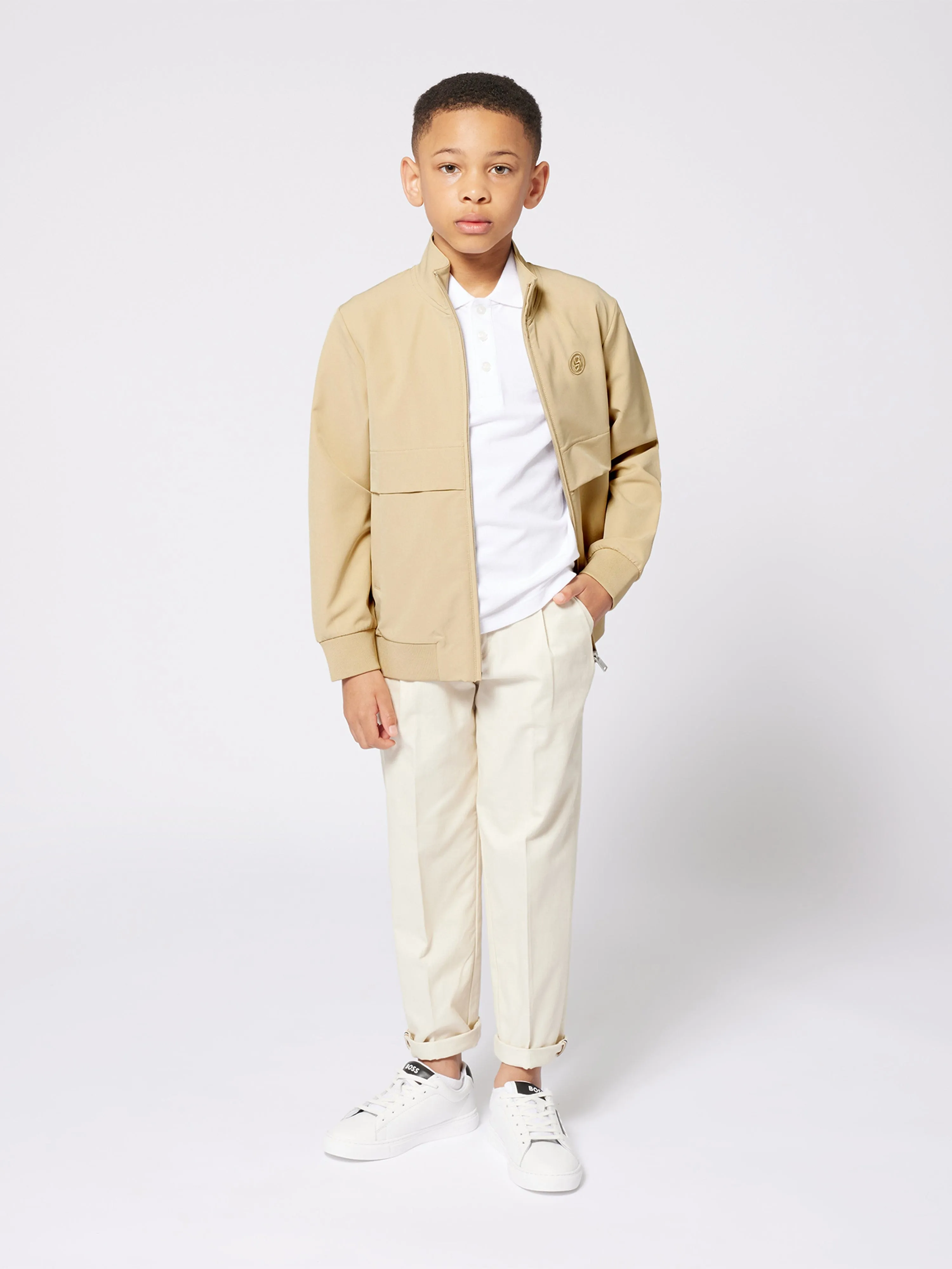 BOSS Boys Logo Zip Up Top in Beige