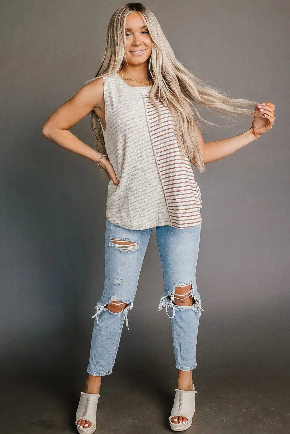 Brown Stripe Colorblock Knit Tank Top