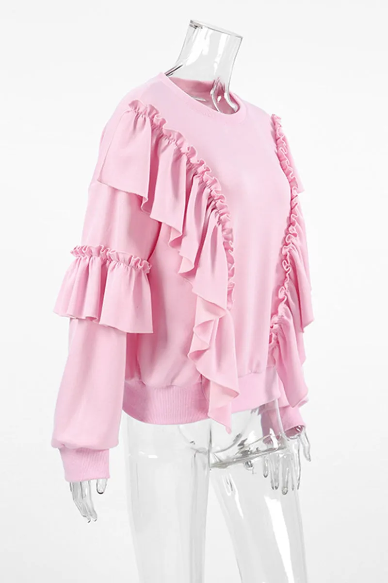 Casual Daily Solid Color Ruffle O Neck Hoodies