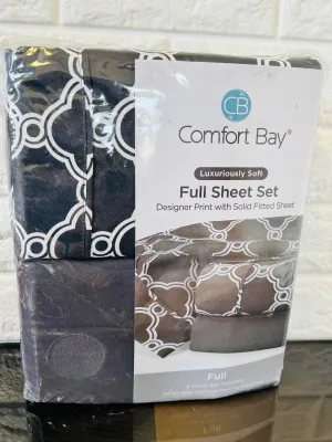 Comfort Bay 4 Piece Luxuriously Soft Full Sheet Set, Designer Print with Solid Fitted Sheet - Black, Full/Double