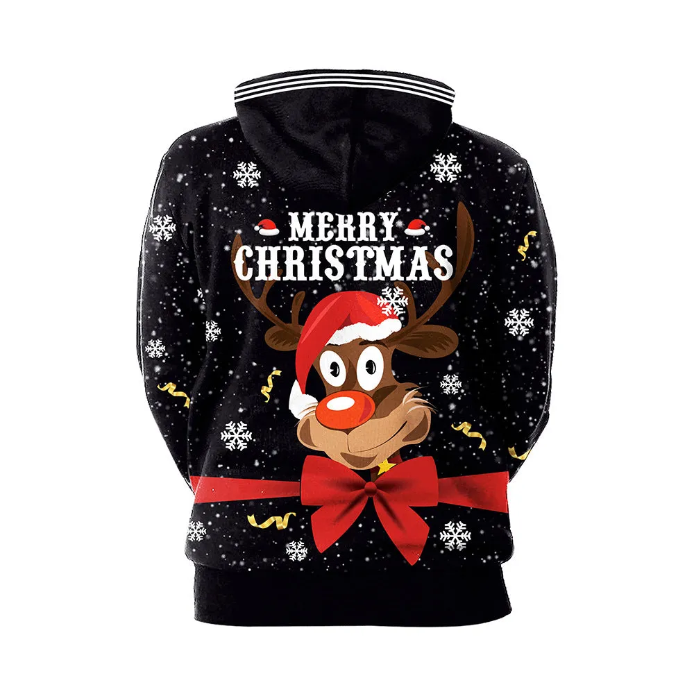 Couple Elk Printed Casual Loose Sweater Hoodie