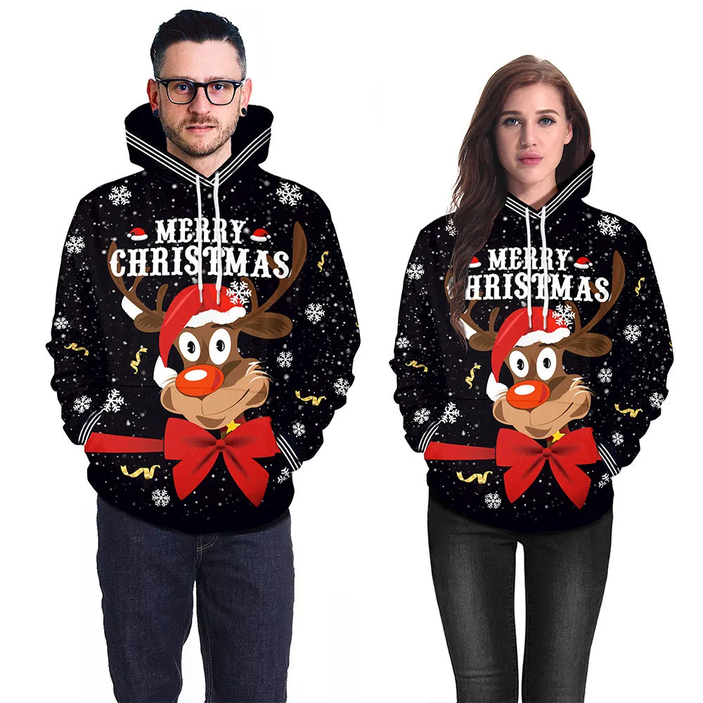 Couple Elk Printed Casual Loose Sweater Hoodie