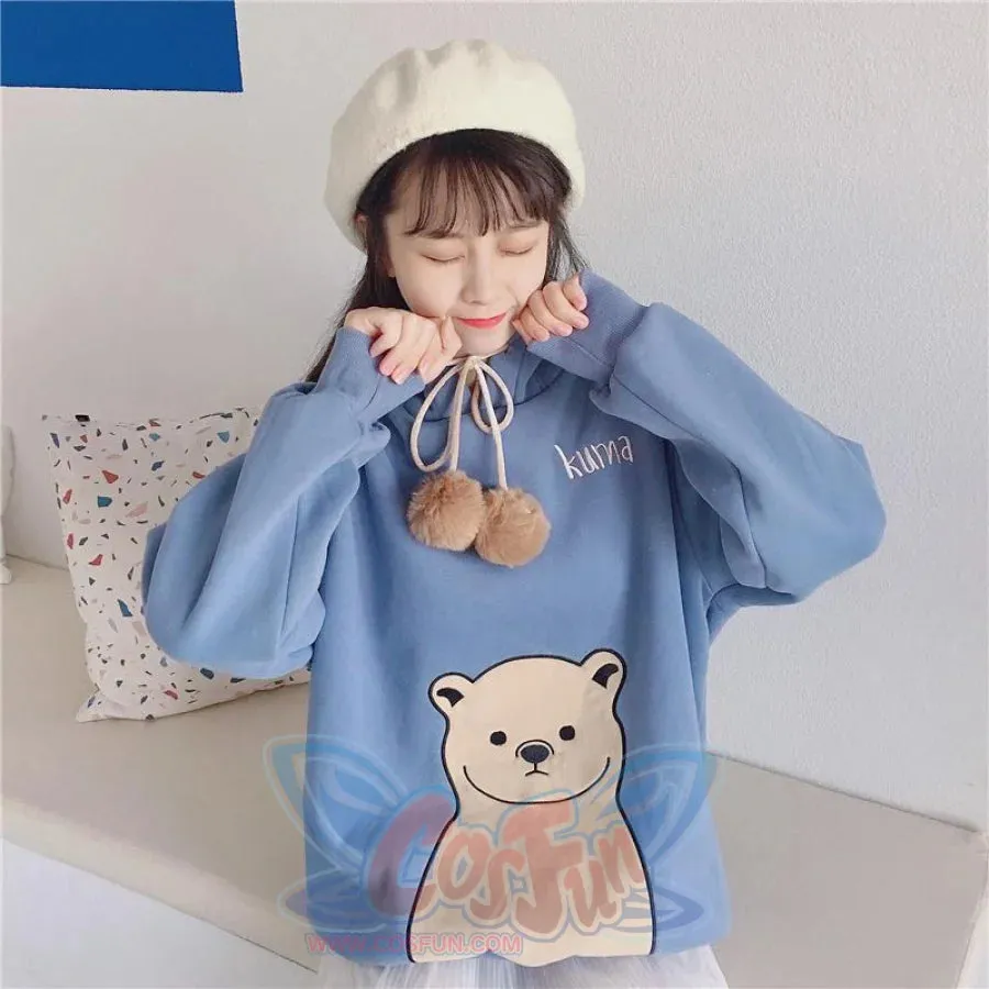 Cute Cartoon Bear Ears Print Brushed Hoodie J40013