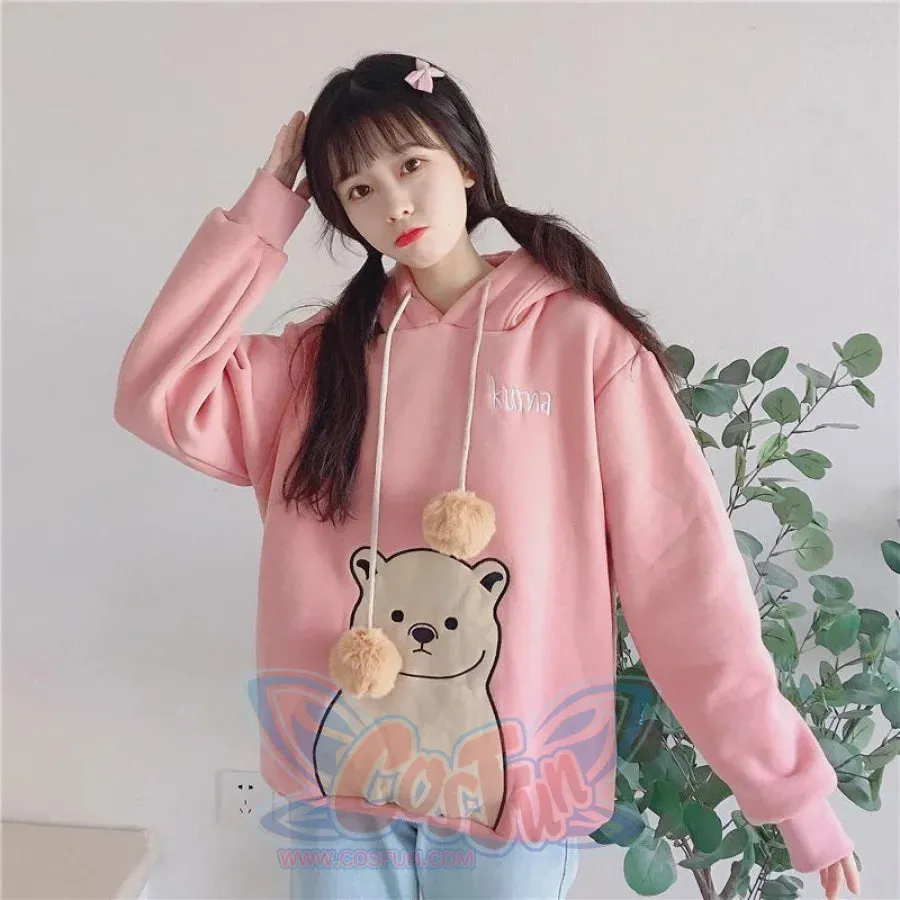 Cute Cartoon Bear Ears Print Brushed Hoodie J40013
