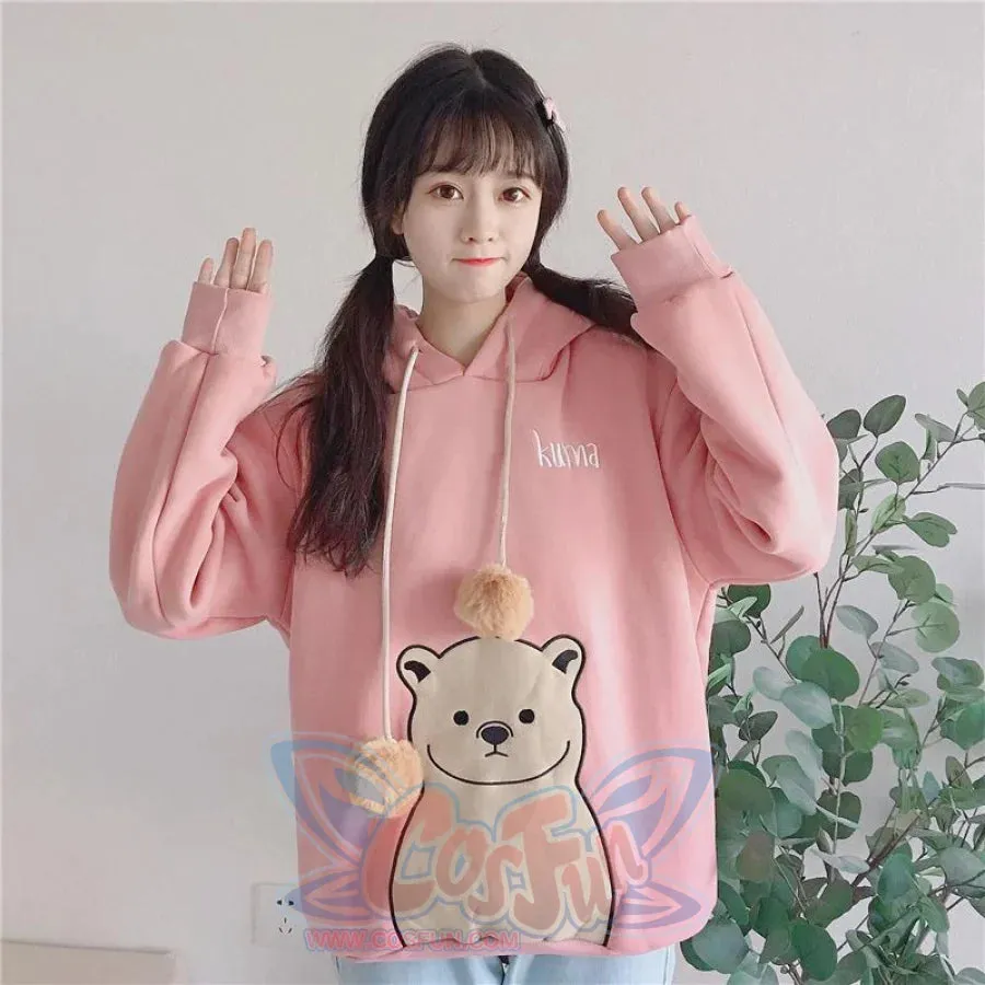 Cute Cartoon Bear Ears Print Brushed Hoodie J40013