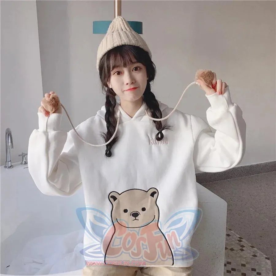 Cute Cartoon Bear Ears Print Brushed Hoodie J40013