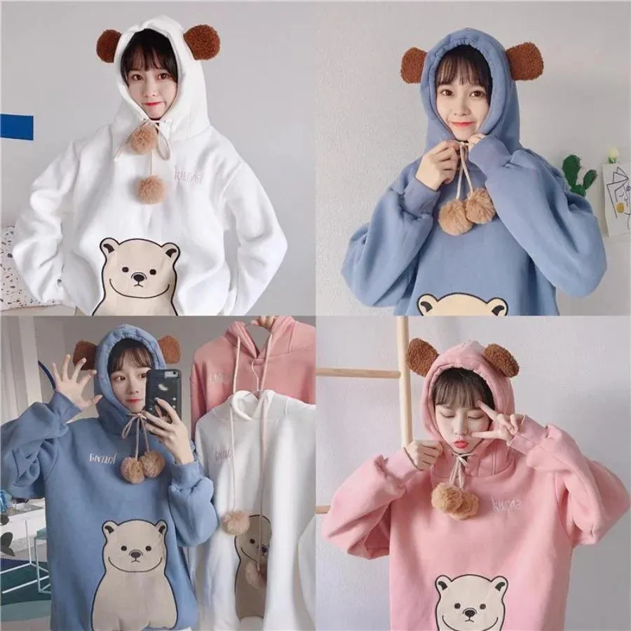 Cute Cartoon Bear Ears Print Brushed Hoodie J40013
