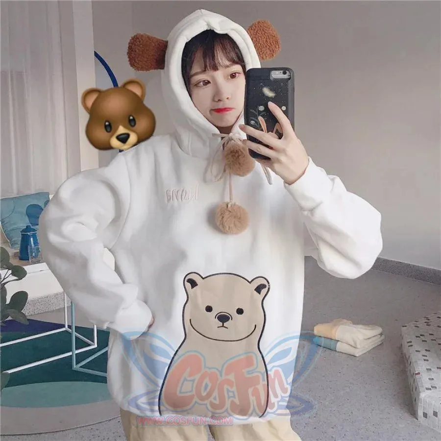 Cute Cartoon Bear Ears Print Brushed Hoodie J40013