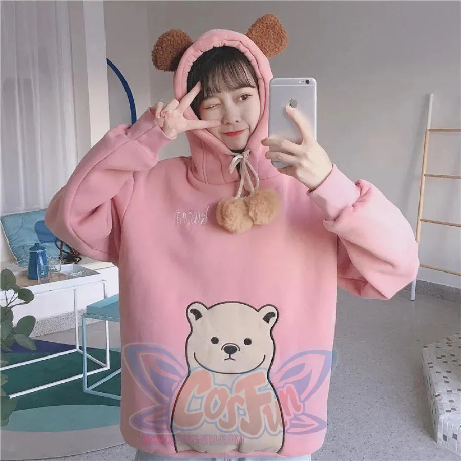 Cute Cartoon Bear Ears Print Brushed Hoodie J40013