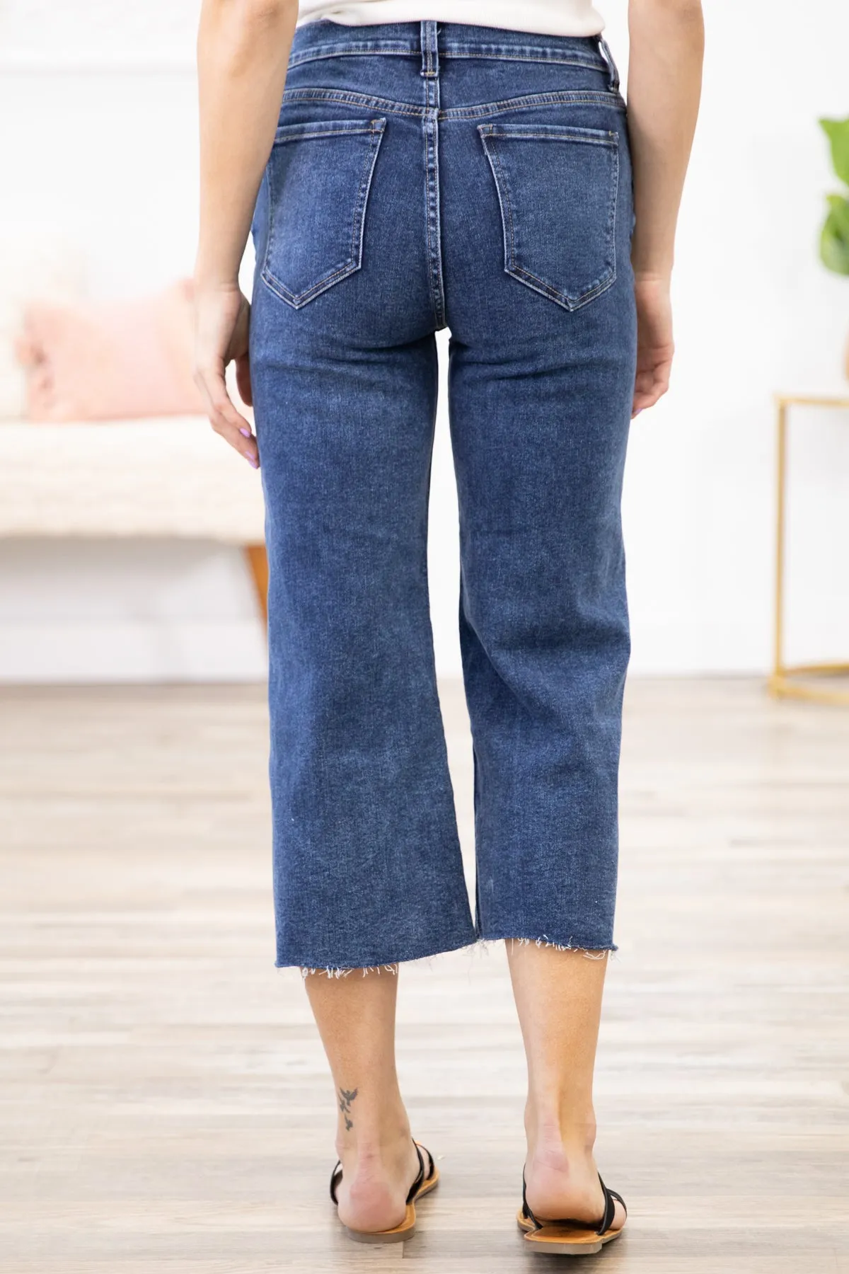Dark Wash Raw Hem Cropped Jeans