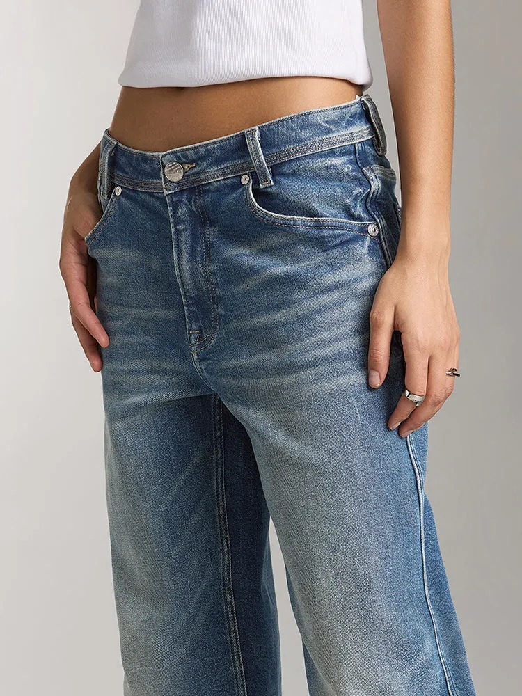Denim Blue Washed Straight Fit Jeans
