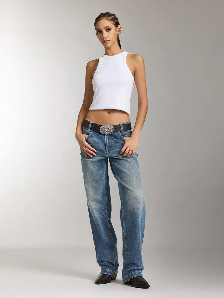 Denim Blue Washed Straight Fit Jeans
