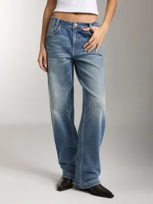 Denim Blue Washed Straight Fit Jeans
