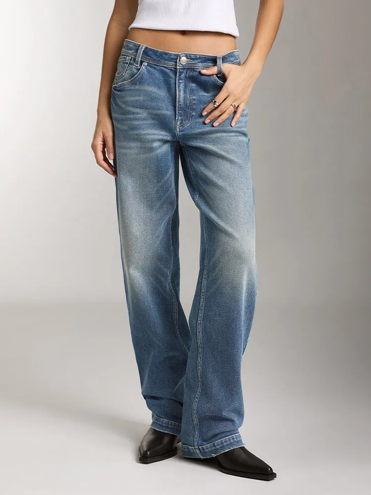Denim Blue Washed Straight Fit Jeans