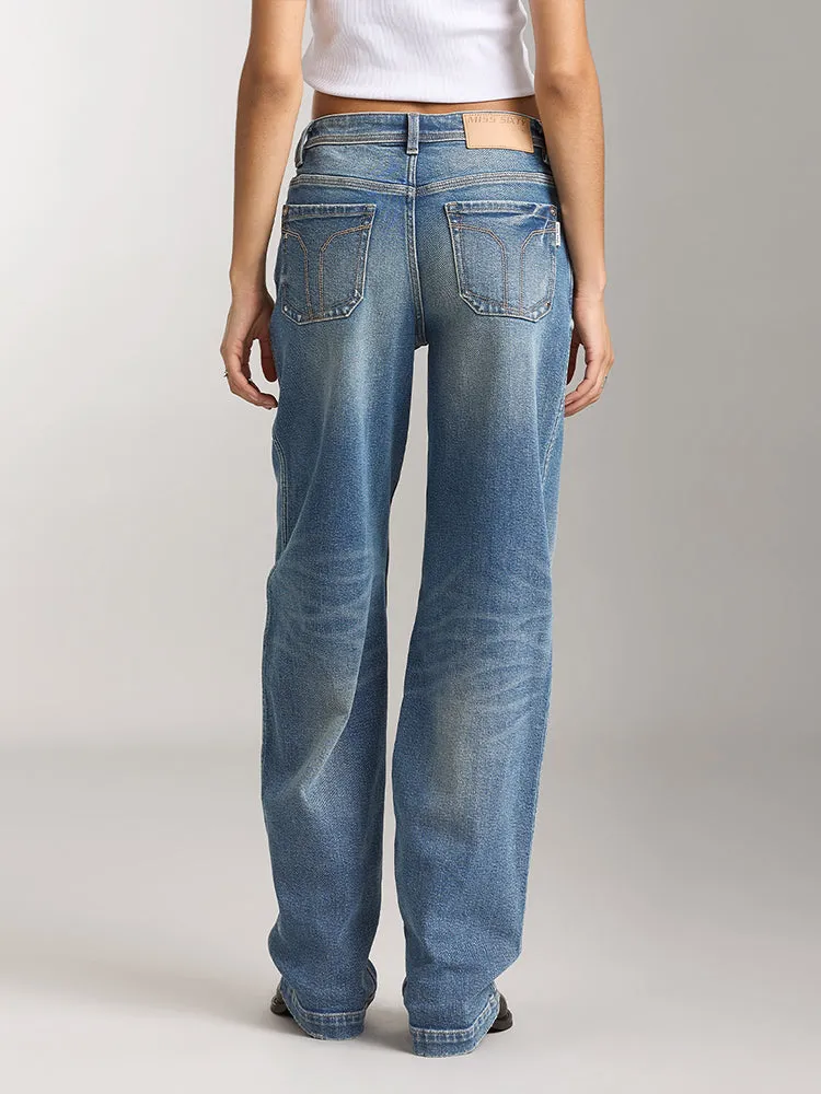 Denim Blue Washed Straight Fit Jeans