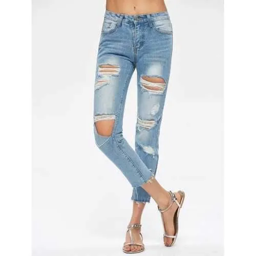 Destroyed Cropped Jeans - Blue S