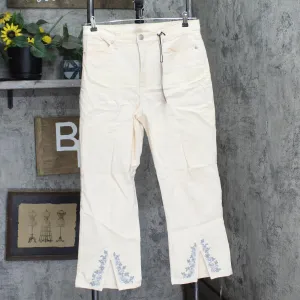 DG2 by Diane Gilman Embroidered Cropped Slit Boot-Cut Jean Eggshell Off White 14