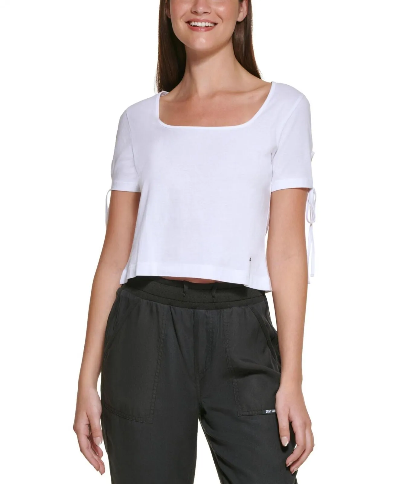 Dkny Jeans Womens Cropped Tied-Sleeve T-Shirt E22F8HIG White S