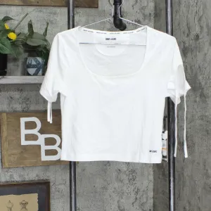 Dkny Jeans Womens Cropped Tied-Sleeve T-Shirt E22F8HIG White S