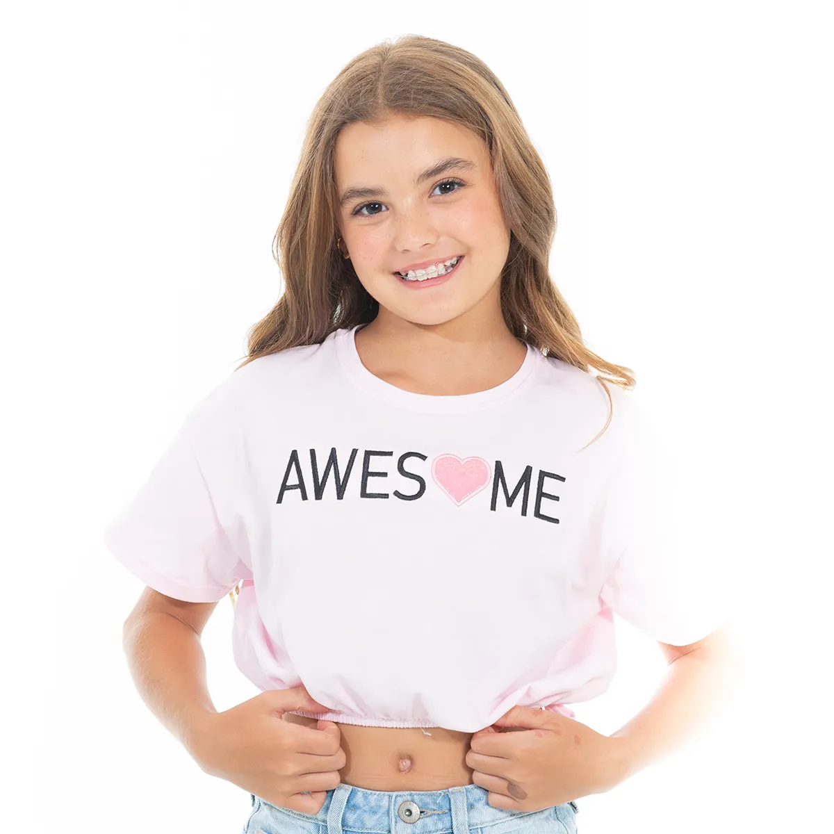 EMBROIDERED CROPPED T-SHIRT WITH ELASTIC WAISTBAND FOR GIRLS