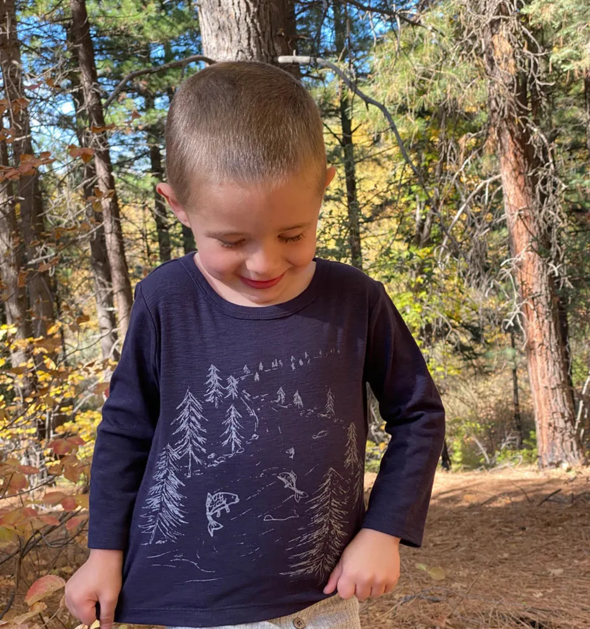 Ettie & H “Jago” Long Sleeved Cotton Tee in Navy Trees Print: Size NB to 7 Years
