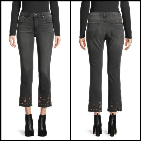 EUC Driftwood Colette Black Embroidered Cropped Frayed Jeans