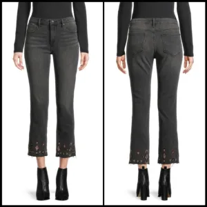 EUC Driftwood Colette Black Embroidered Cropped Frayed Jeans