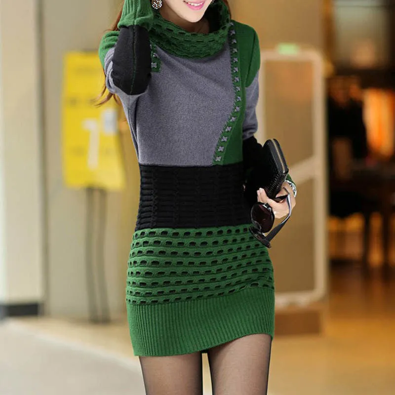 Fashion Women Winter Dress Turtleneck Long Sleeve Knitted Sweater Dress Slim Dress Women Sweaters Pullovers SS206