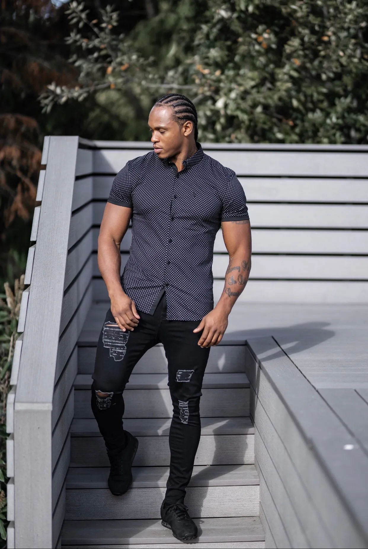 Father Sons Super Slim Stretch Black & White Ditsy Print Short Sleeve FS412