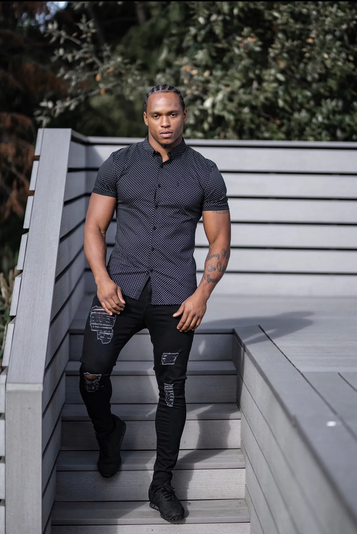 Father Sons Super Slim Stretch Black & White Ditsy Print Short Sleeve FS412