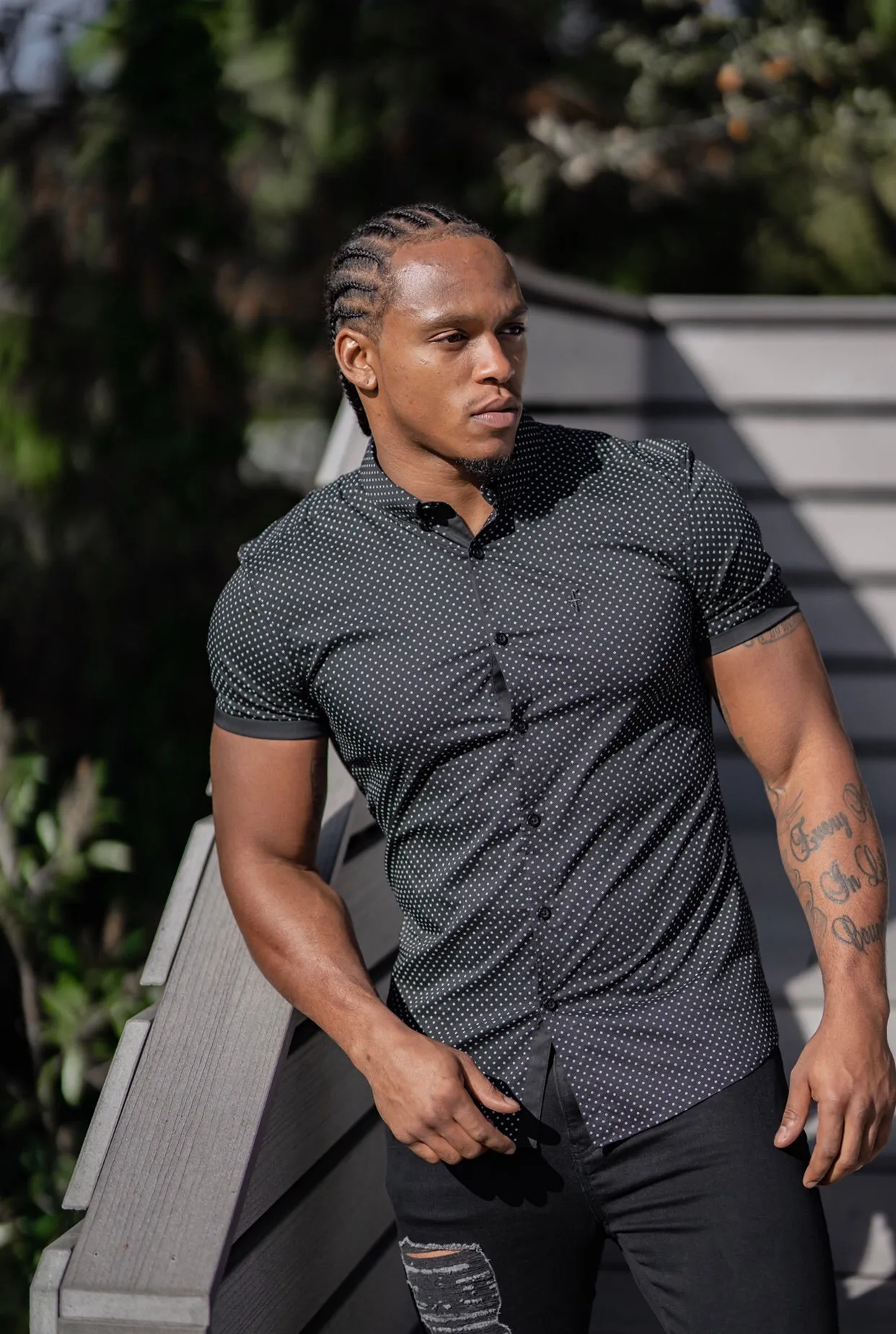 Father Sons Super Slim Stretch Black & White Ditsy Print Short Sleeve FS412