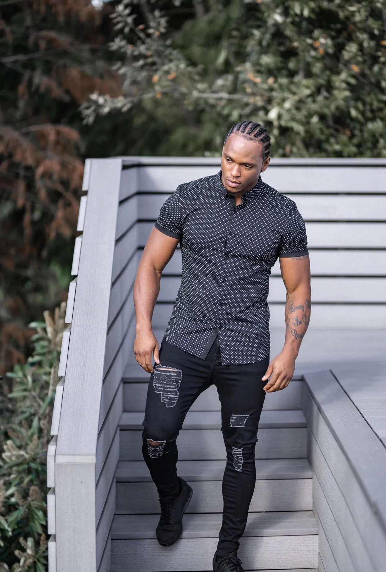 Father Sons Super Slim Stretch Black & White Ditsy Print Short Sleeve FS412