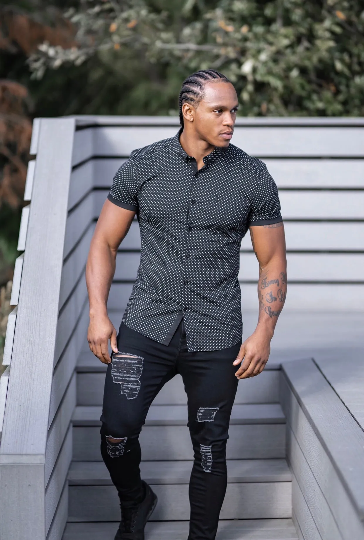 Father Sons Super Slim Stretch Black & White Ditsy Print Short Sleeve FS412