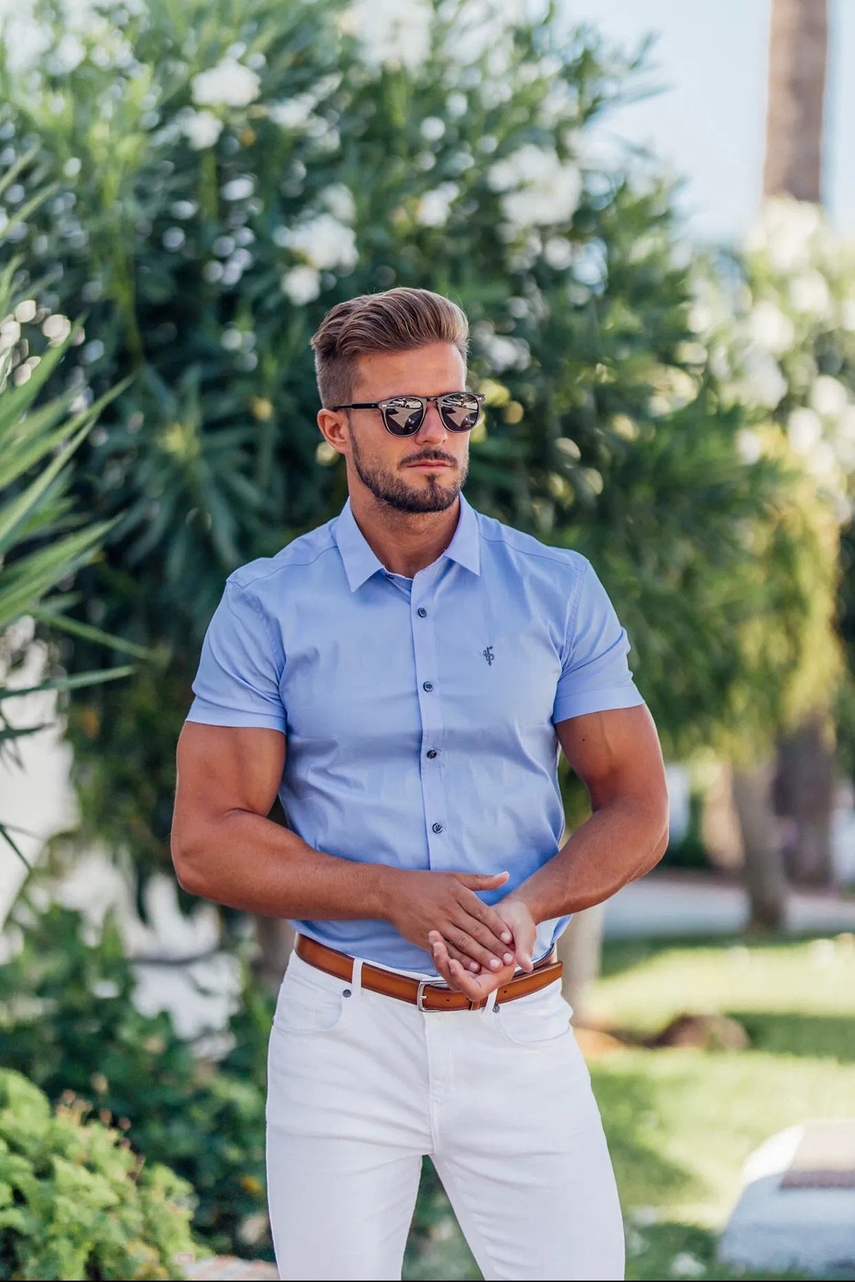 Father Sons Super Slim Stretch Classic Light Blue Short Sleeve - FS179