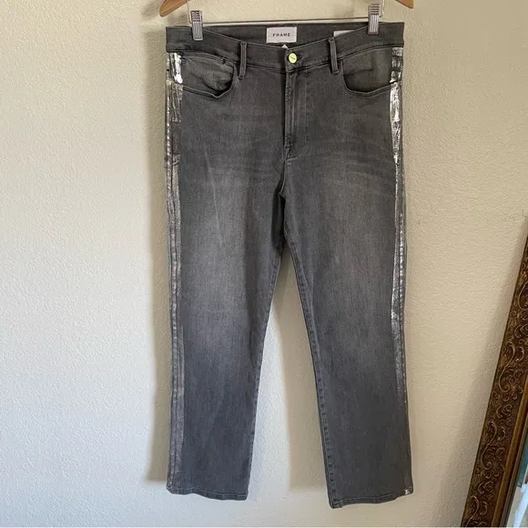 Frame Denim Le High Straight Gray Jeans with Silver Accents Ankle Cropped 31