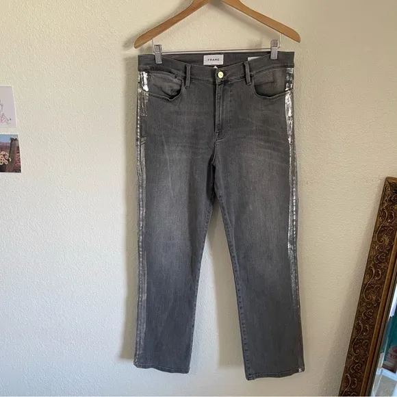 Frame Denim Le High Straight Gray Jeans with Silver Accents Ankle Cropped 31