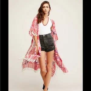 Free People Maui Babe kimono Kaftan fringe floral print RARE great for fall NWOT