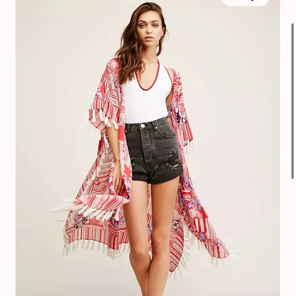 Free People Maui Babe kimono Kaftan fringe floral print RARE great for fall NWOT