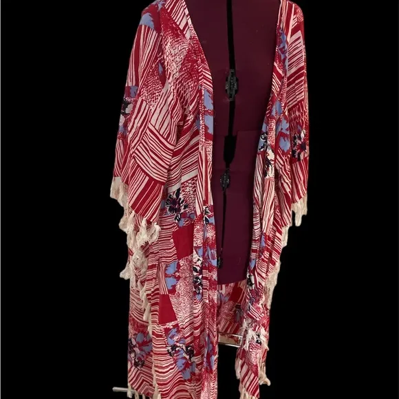 Free People Maui Babe kimono Kaftan fringe floral print RARE great for fall NWOT