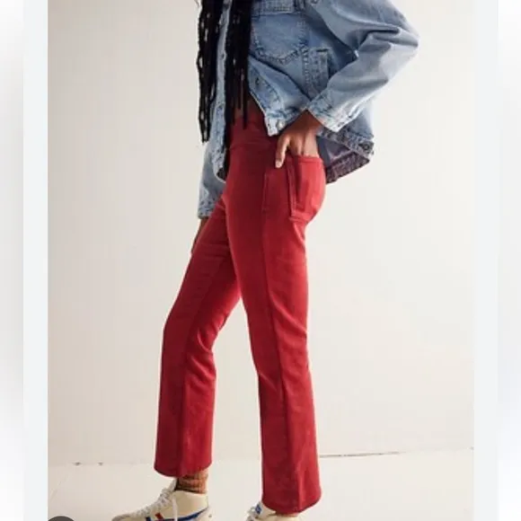 💗FREE PEOPLE We The Free In My Feelings Mid Rise Crop Boot Jeans Red Medium