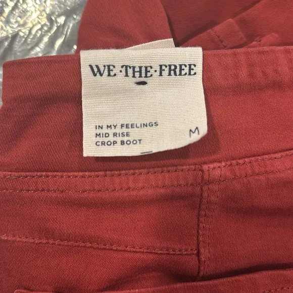 💗FREE PEOPLE We The Free In My Feelings Mid Rise Crop Boot Jeans Red Medium