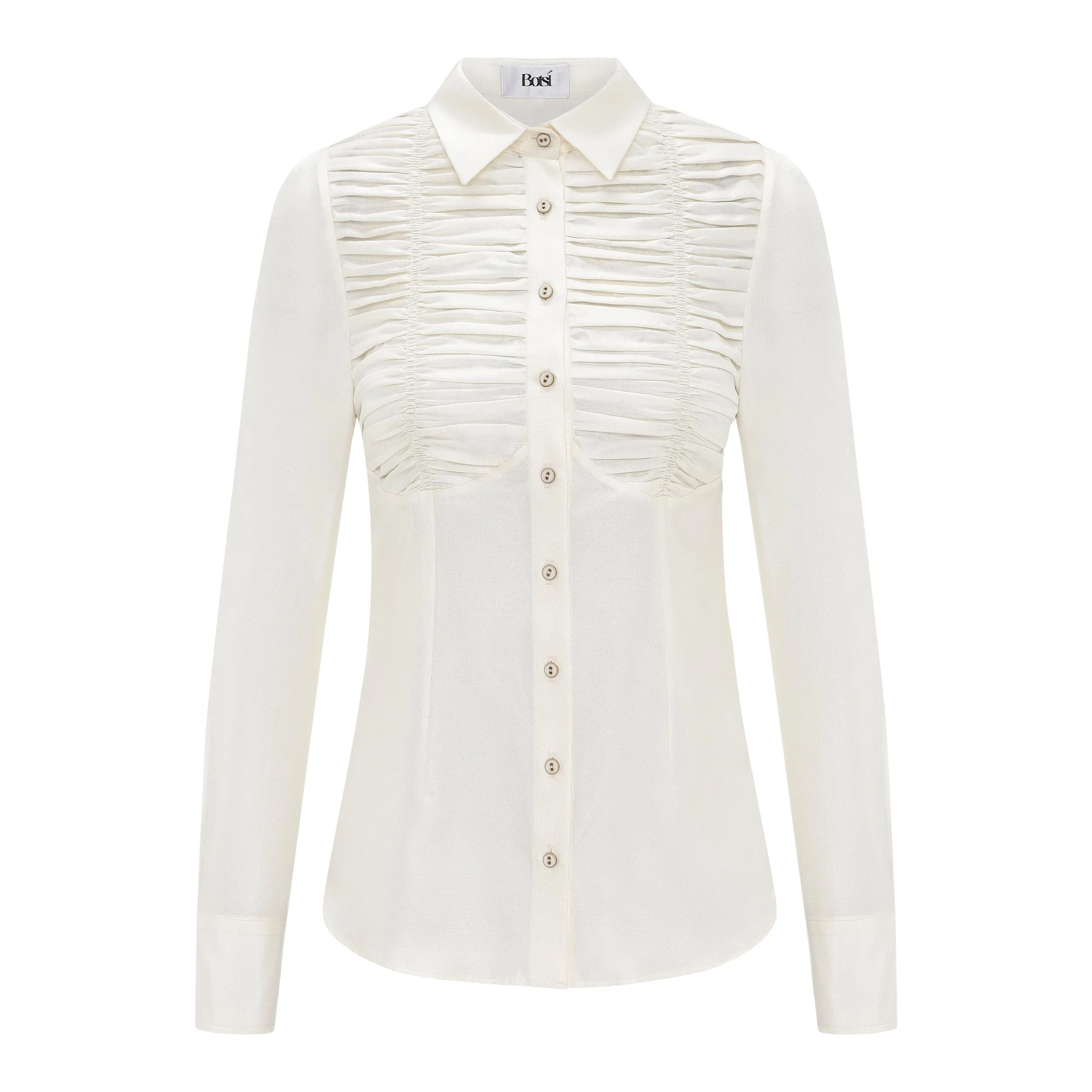 Gathered Long-Sleeve Silk Blouse