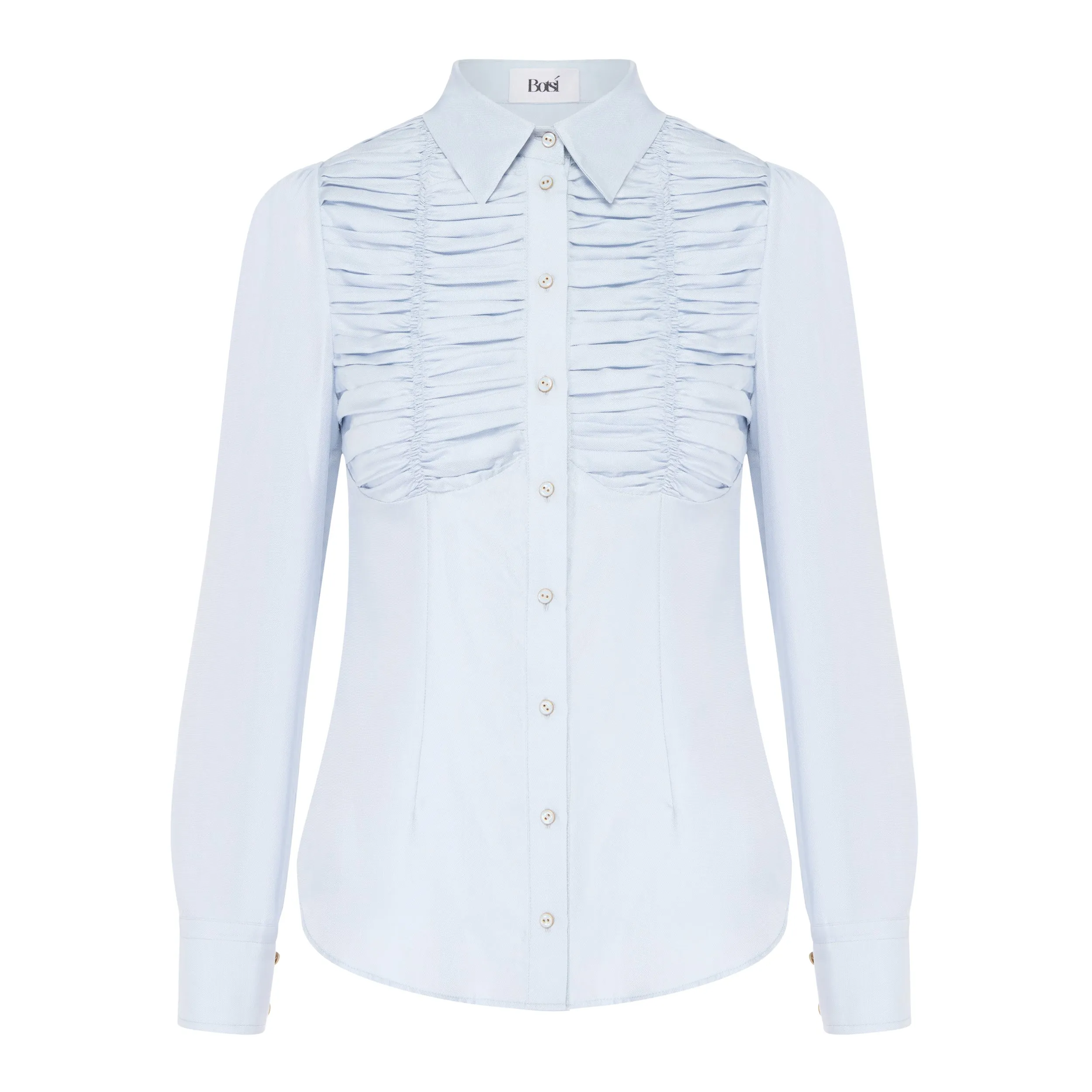 Gathered Long-Sleeve Silk Blouse