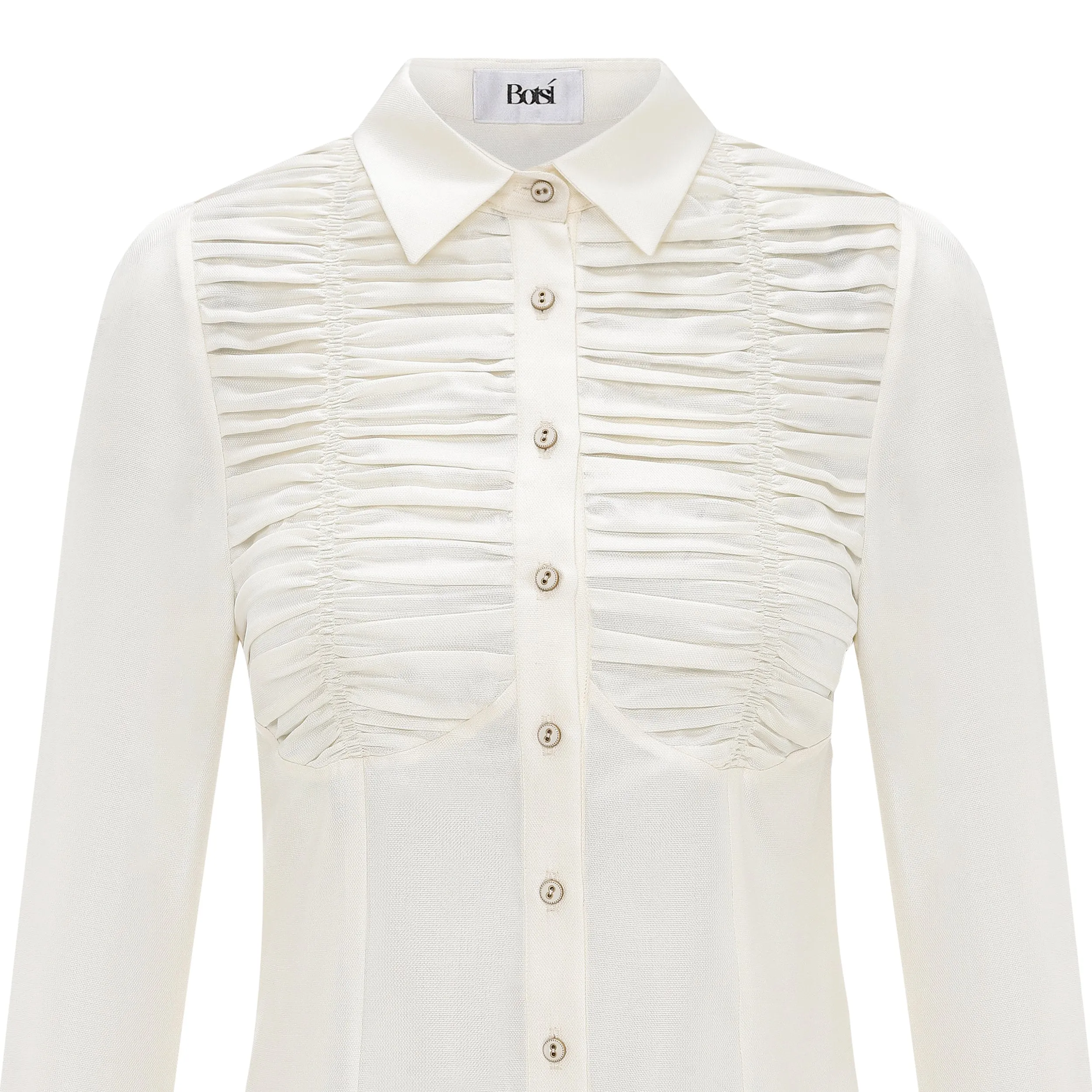 Gathered Long-Sleeve Silk Blouse